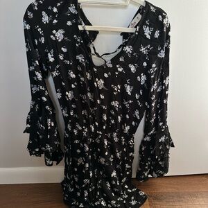 Floral Black Romper with Ruffle Sleeves